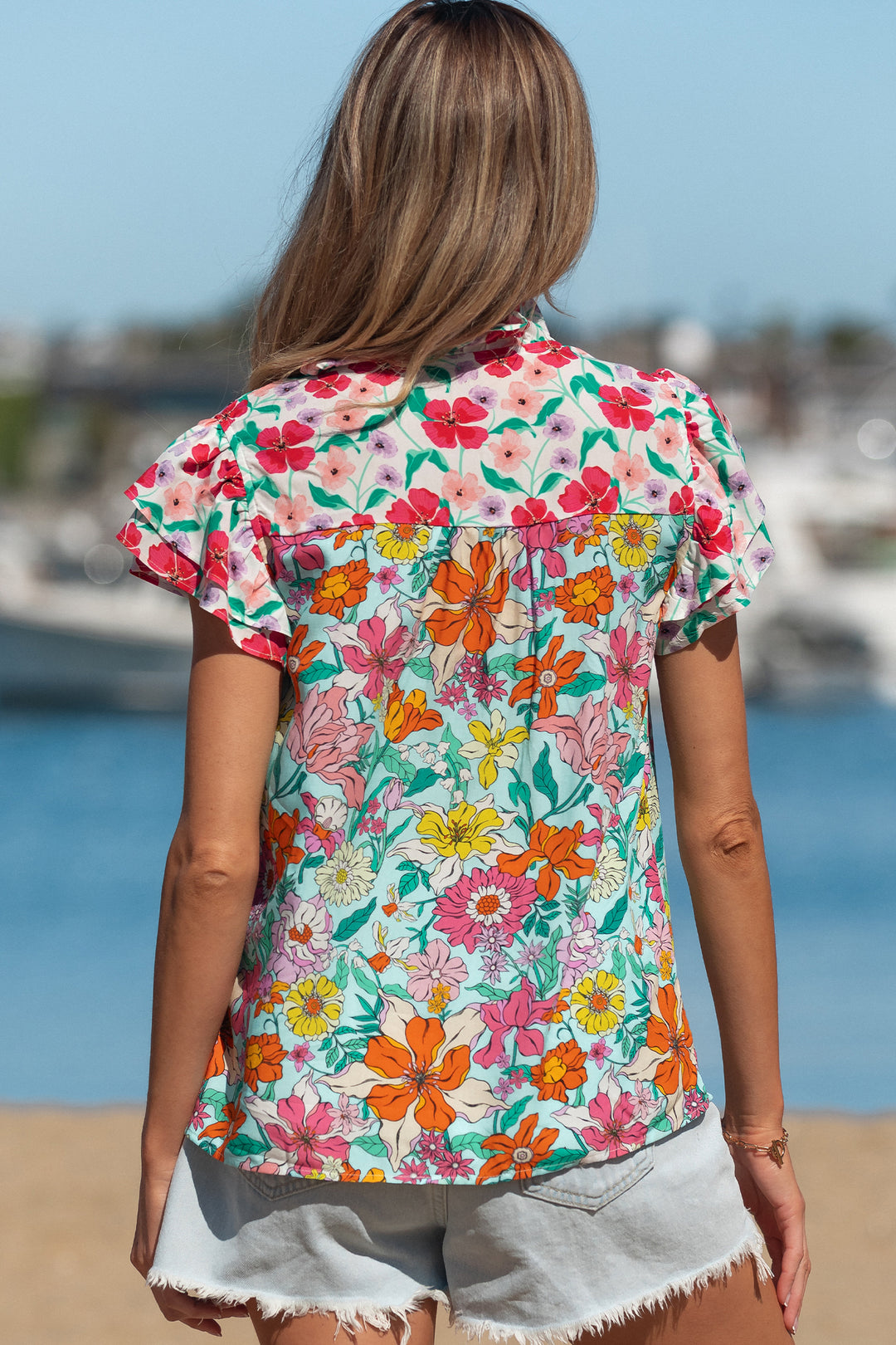 Floral Print Split Neck Button Front Flutter Sleeve Blouse