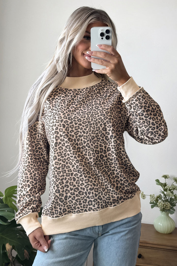 Multicolour Leopard Print High Neck Long Sleeve Ribbed Cuffs Hem Sweatshirt