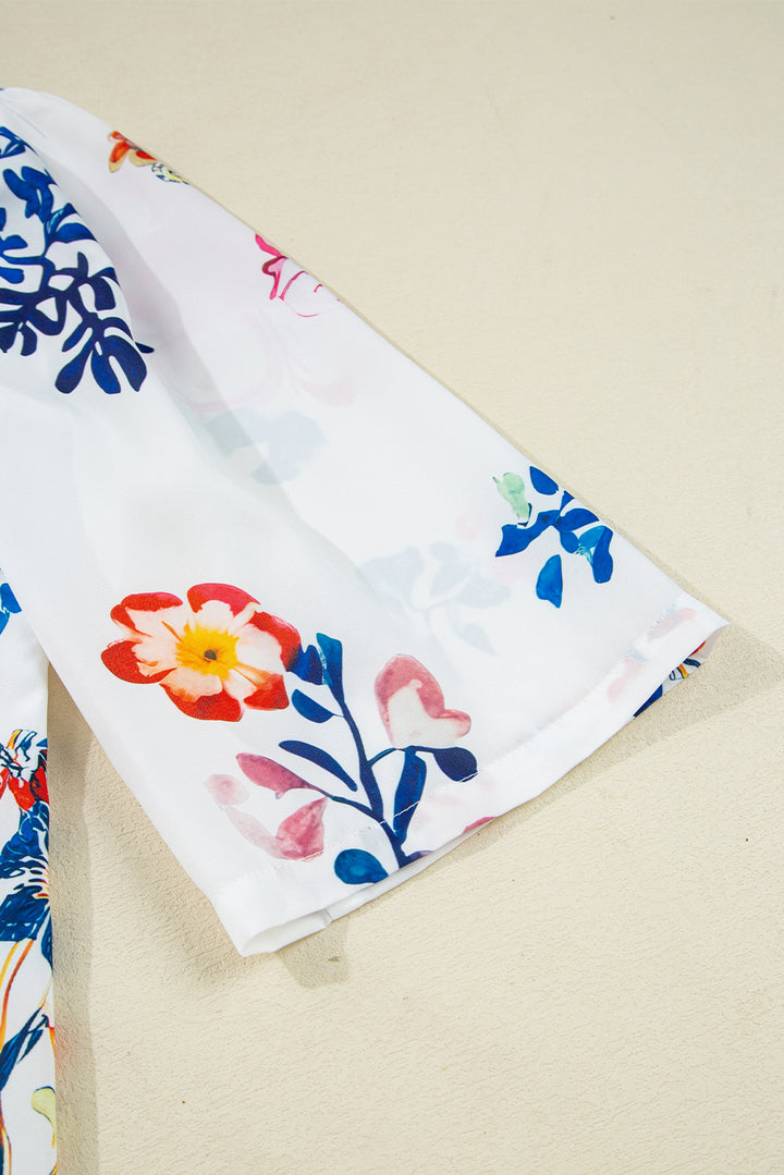 White Floral Print Tassel Tie Bracelet Sleeve Flowy Blouse