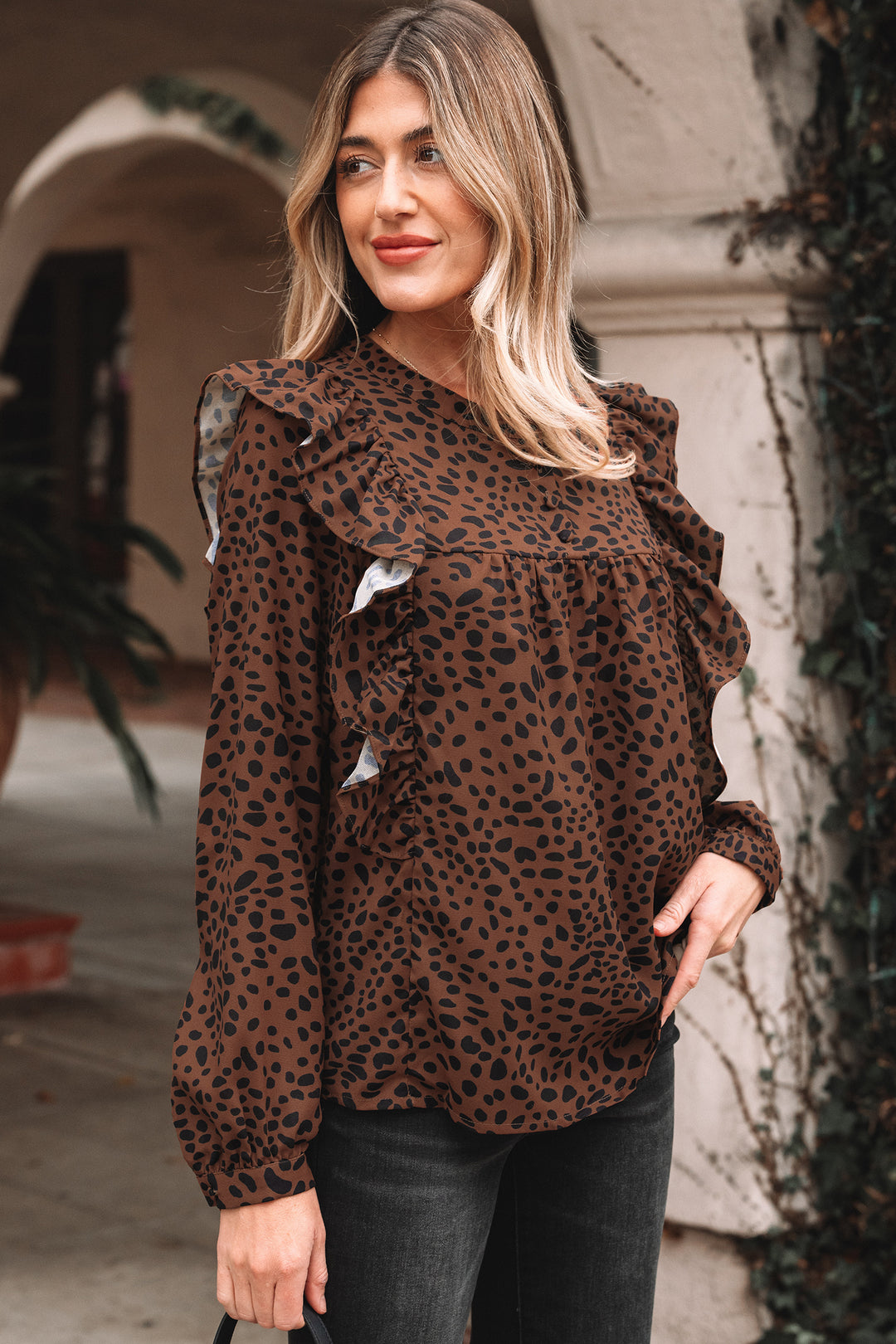 Leopard Print Ruffled Puff Sleeve Blouse