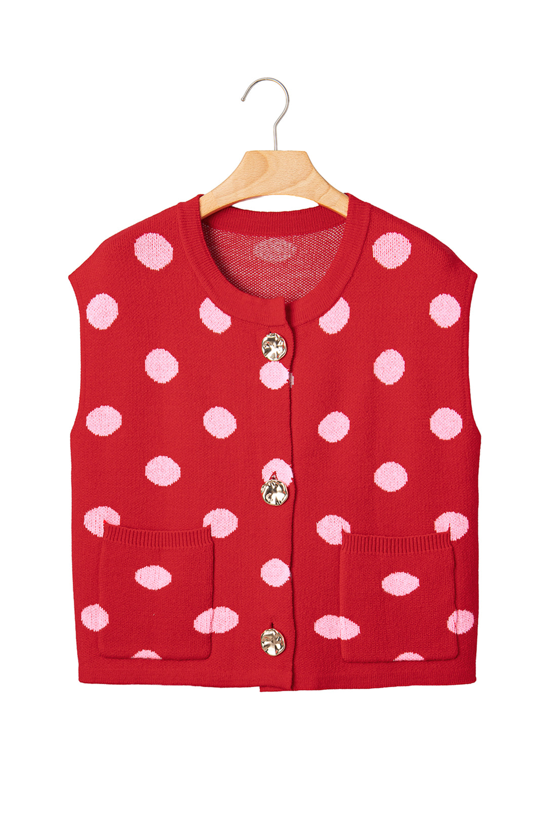 Red Polka Dot Sleeveless Knit Button Drop Shoulder Sweater Vest