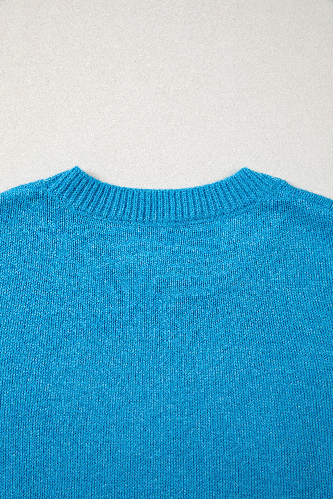Sky Blue Western Embroidery Drop Shoulder Pullover Sweater