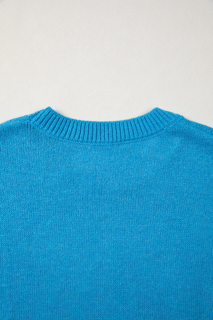 Sky Blue Western Embroidery Drop Shoulder Pullover Sweater
