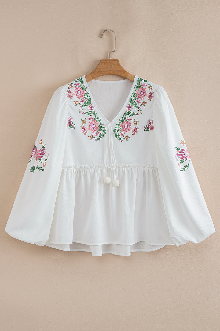 Flower Print Lace-up V Neck Babydoll Blouse