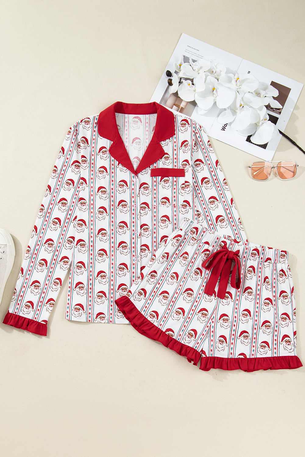 White Santa &amp; Stripes Ruffle PJ Set
