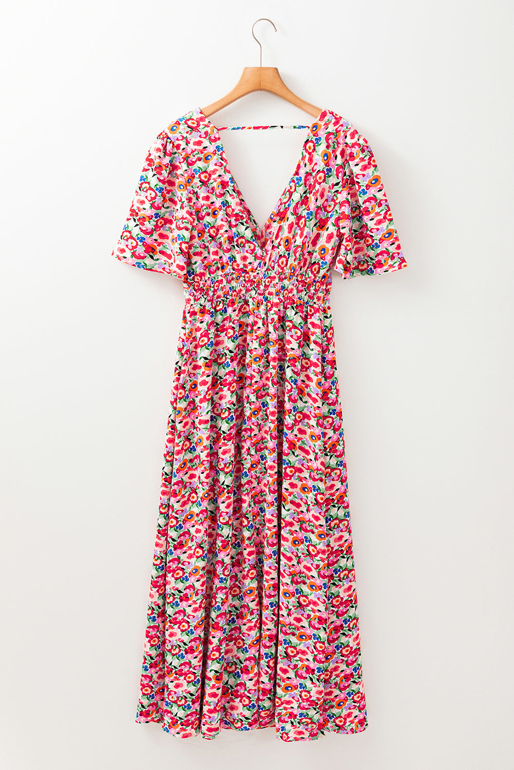 Floral Half Sleeve Deep V Neck Cutout Back Split Maxi Dress