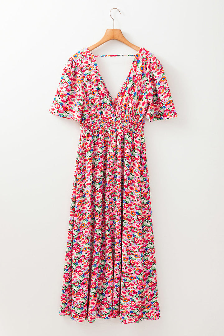 Floral Half Sleeve Deep V Neck Cutout Back Split Maxi Dress