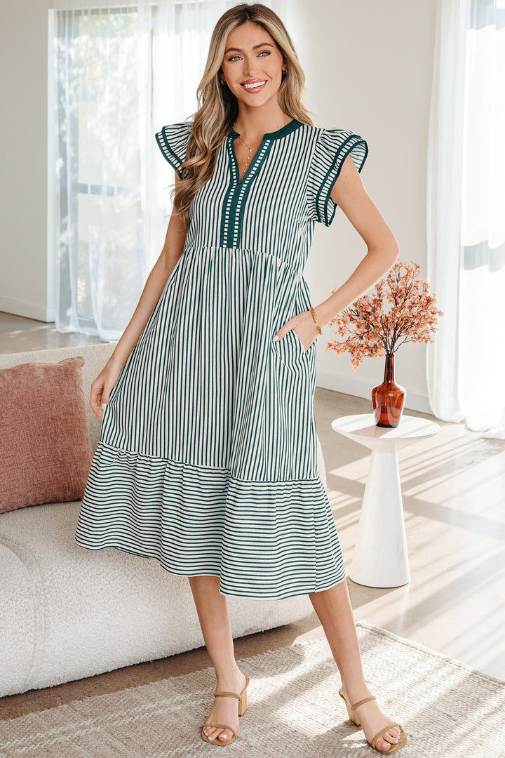 Double Ruffled Short Sleeve Contrast Trim V Neck Midi Dress