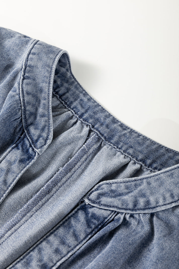 V Neck Ruffled Short Puff Sleeve Denim Top