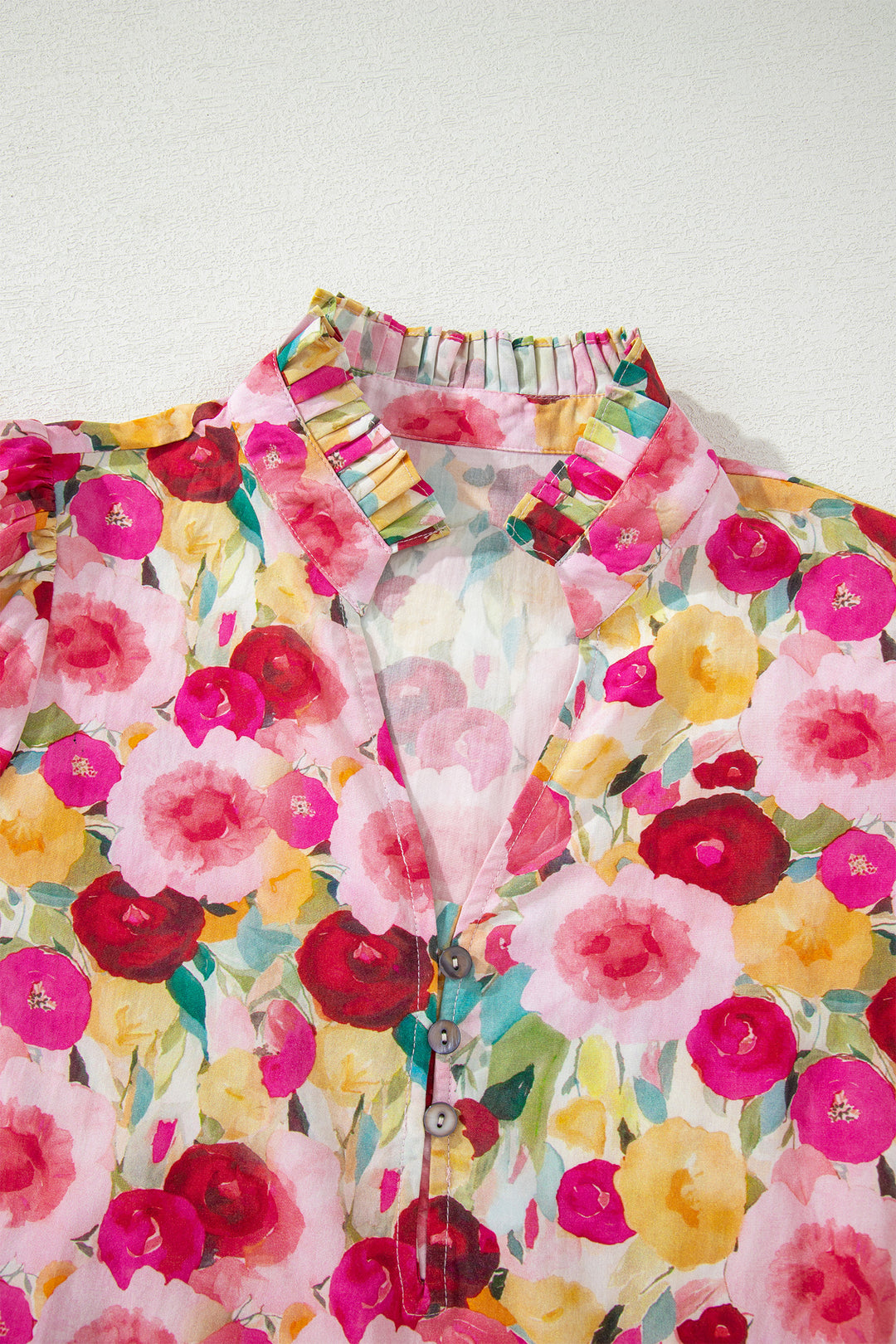 Floral Frilled V Neck Puff Short Sleeve Blouse