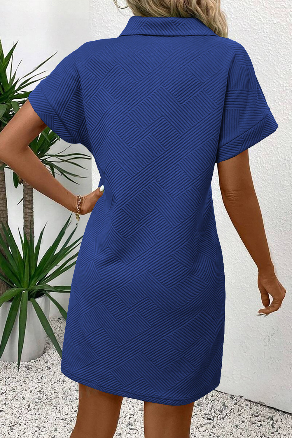 Blue Solid Color Textured Short Sleeve A Line Mini Dress
