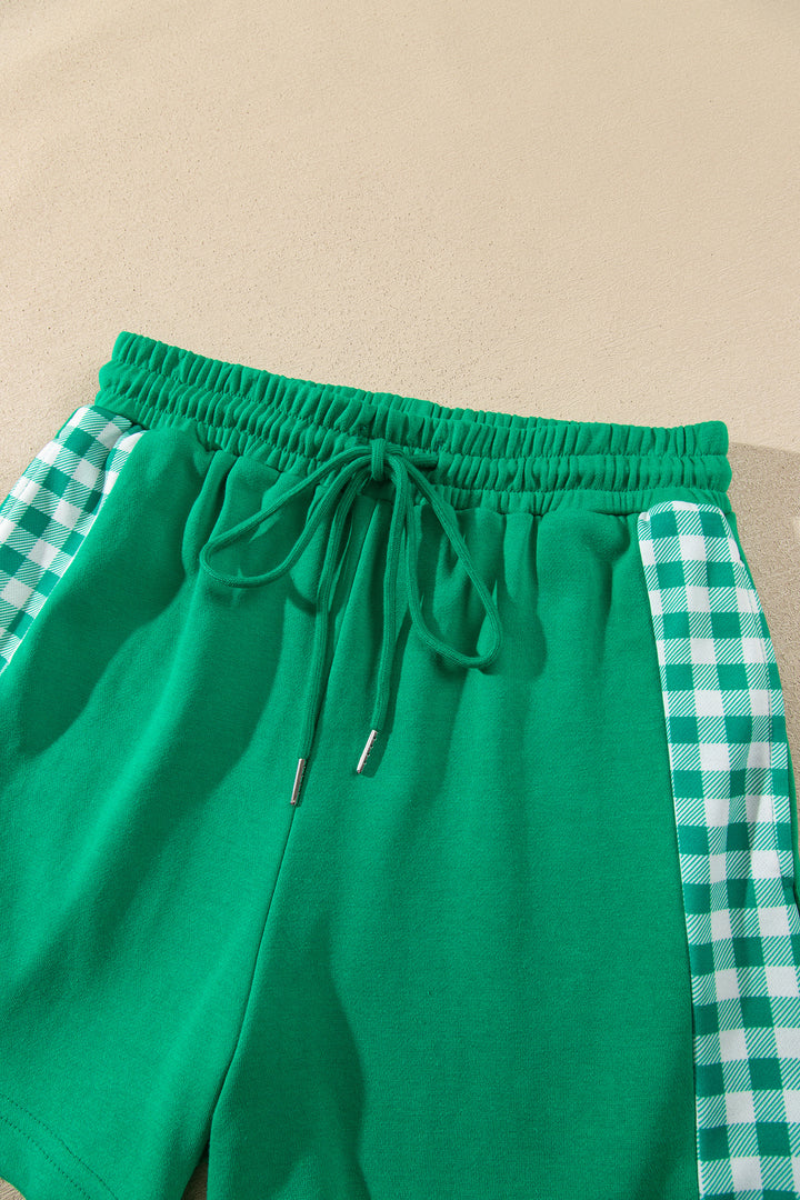 Bright Green Plaid Patchwork Half Zip Pullover Drawstring Short Set