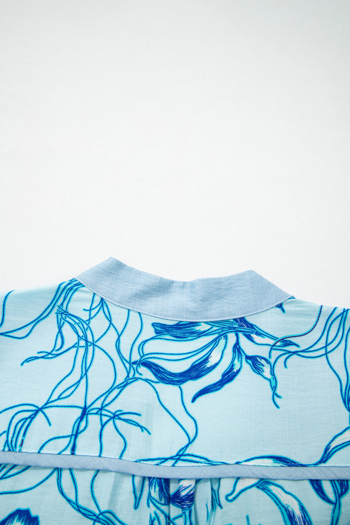Sky Blue Plus Size Scalloped Trim Floral Short Sleeve Blouse