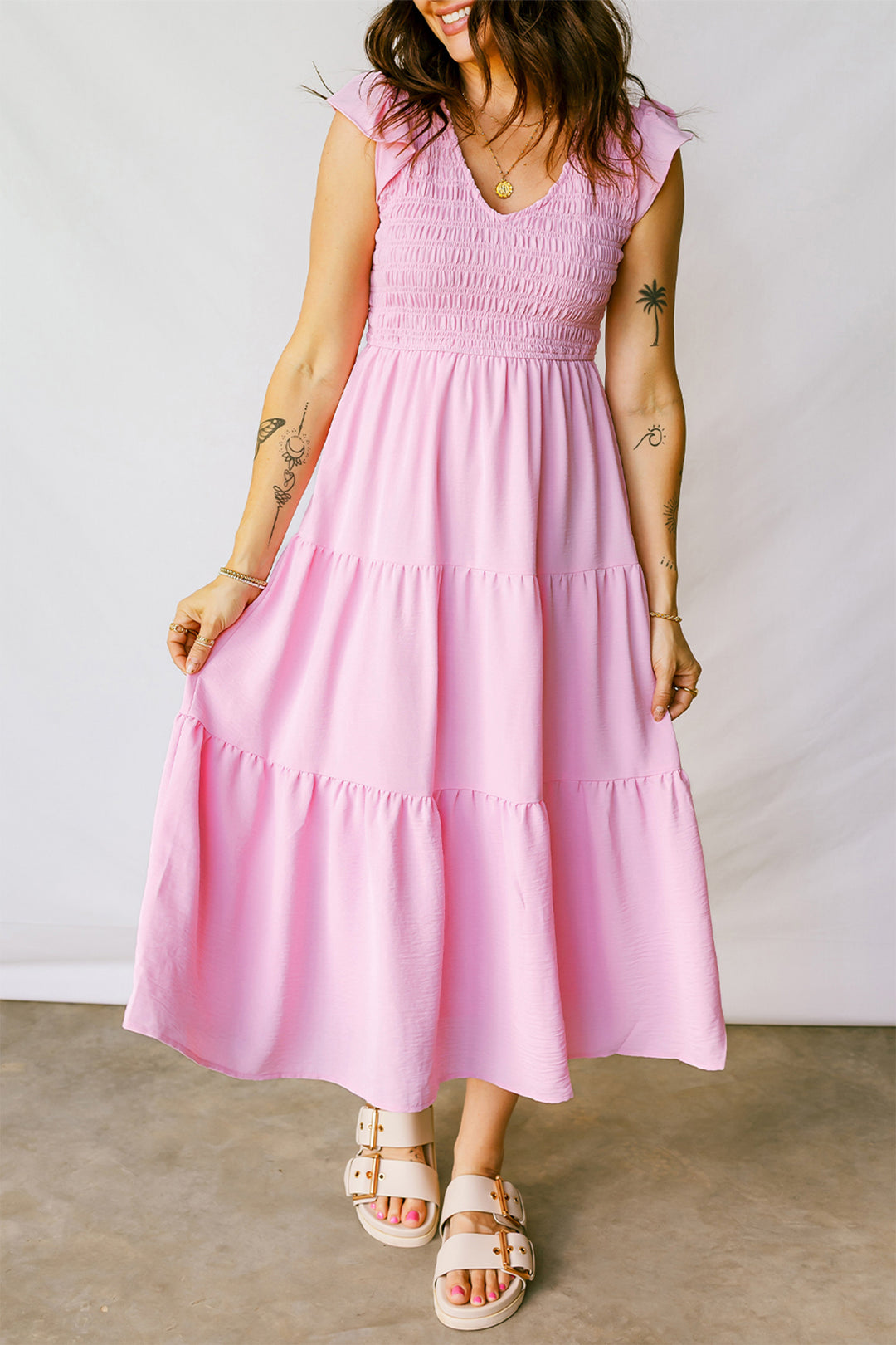 Smocked Bodice Flutter Sleeve Fit Flare Tiered Midi Dress
