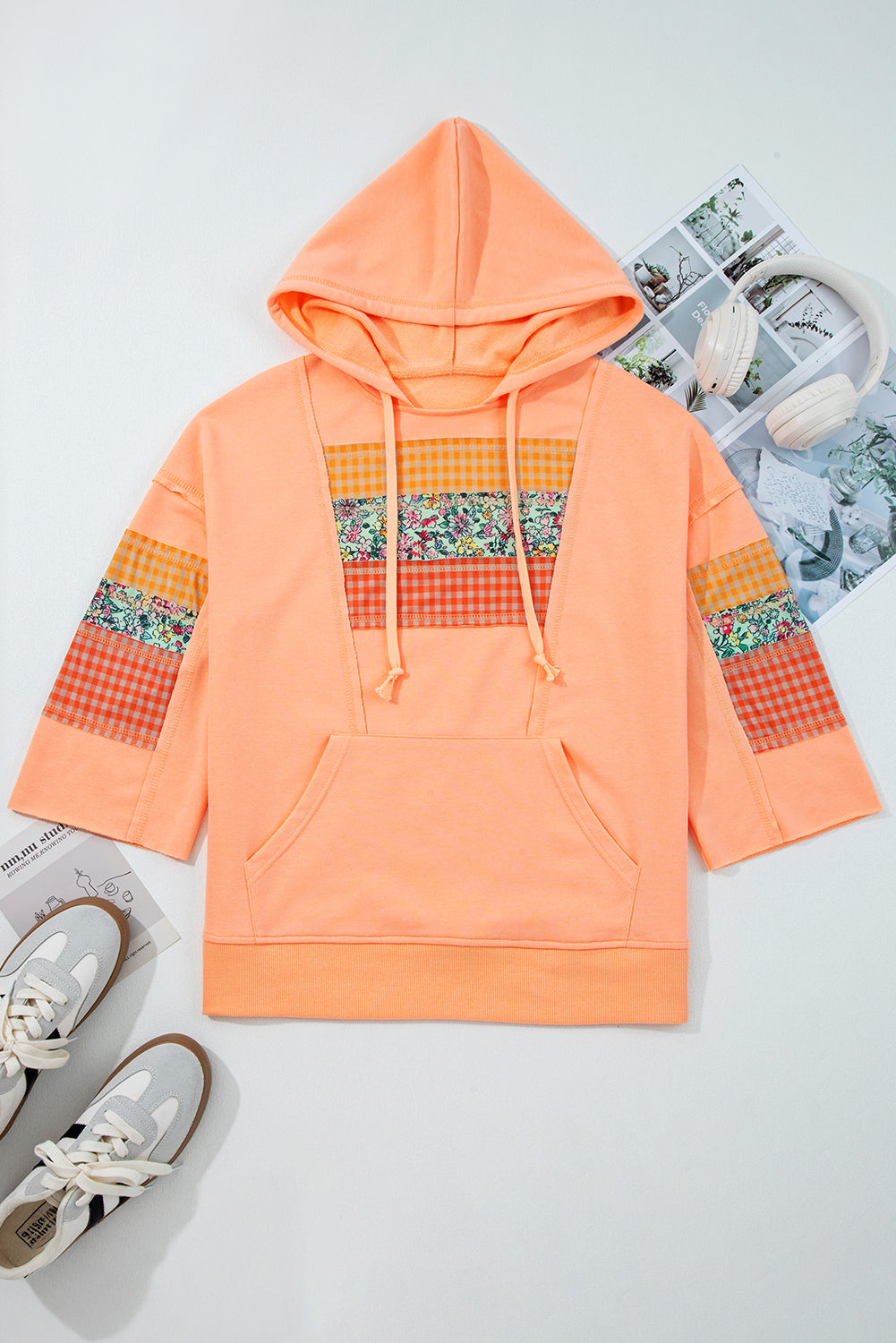 Plaid Floral Patchwork Kangaroo Pocket Hooded Long Sleeve Top