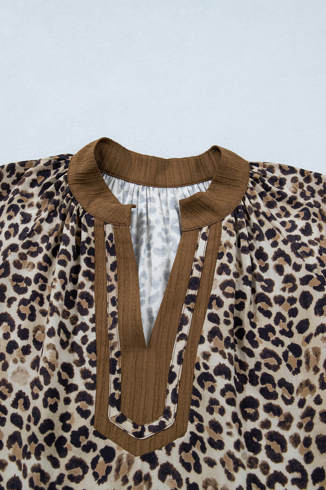Brown Plus Size Leopard Print Crinkled Colorblock Patchwork V Neck Blouse