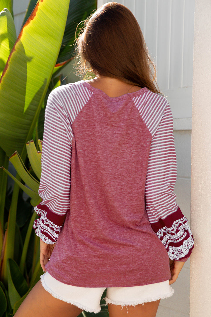 Burgundy Contrast Print Striped Raglan Long Sleeve Loose Top