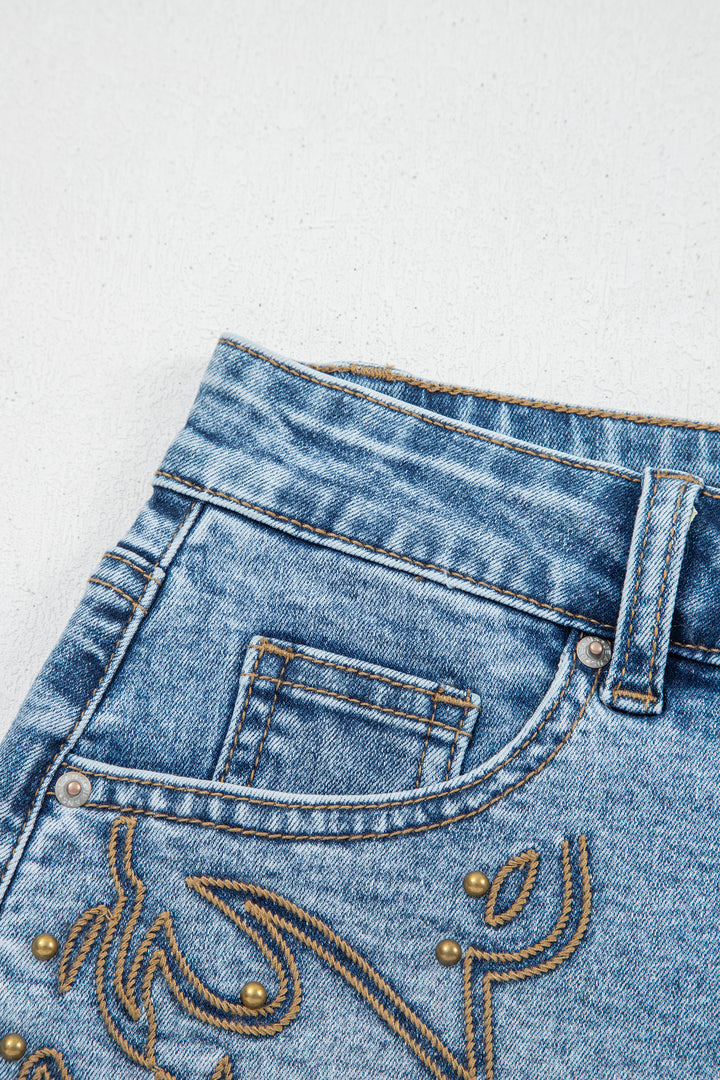 Dusk Blue Western Embroidery Stud Denim Shorts Summer Daily Wear
