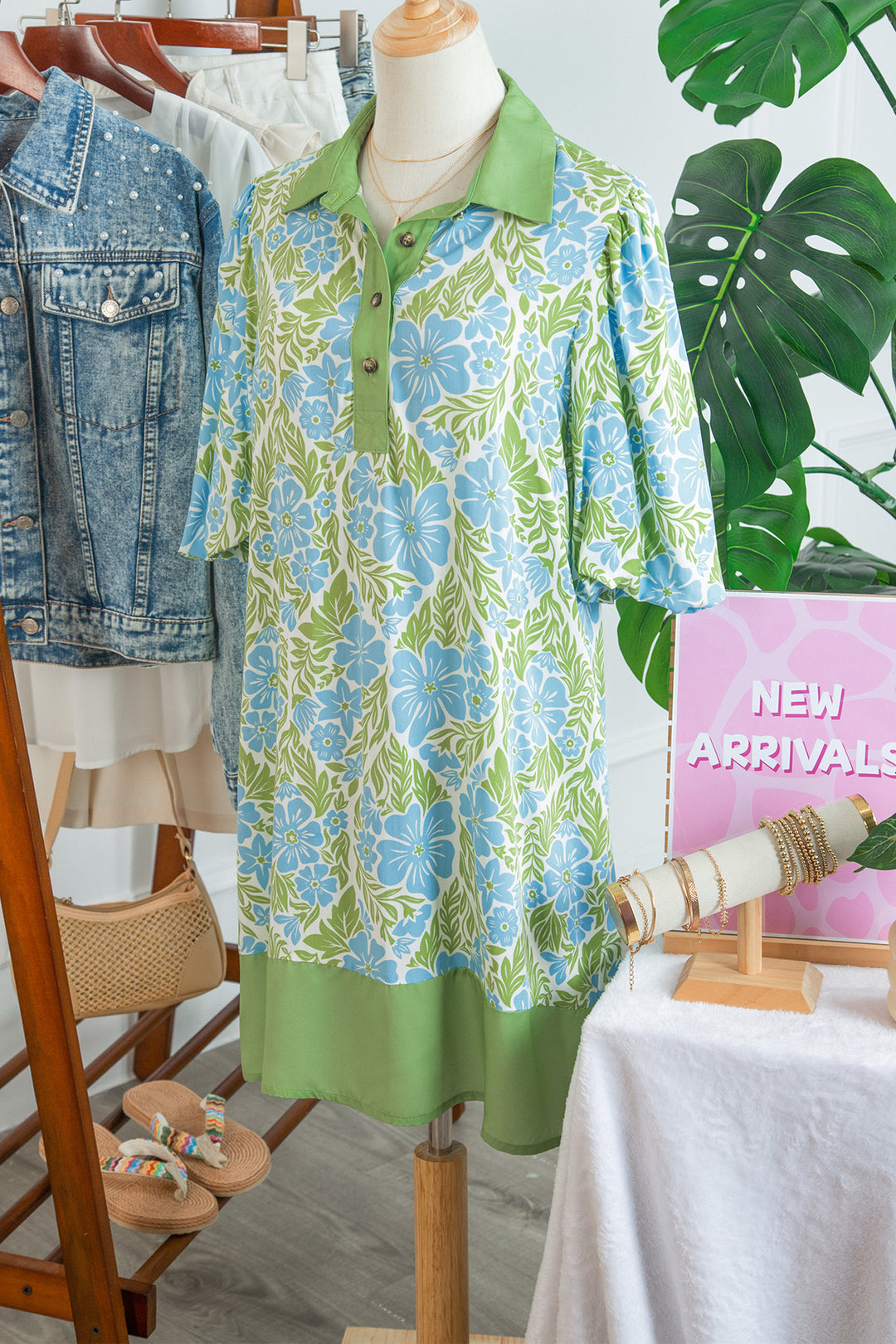Sky Blue Floral Print Color Block Patchwork Shirt Collar Half Sleeve Mini Dress