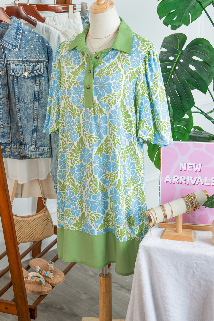 Sky Blue Floral Print Color Block Patchwork Shirt Collar Half Sleeve Mini Dress