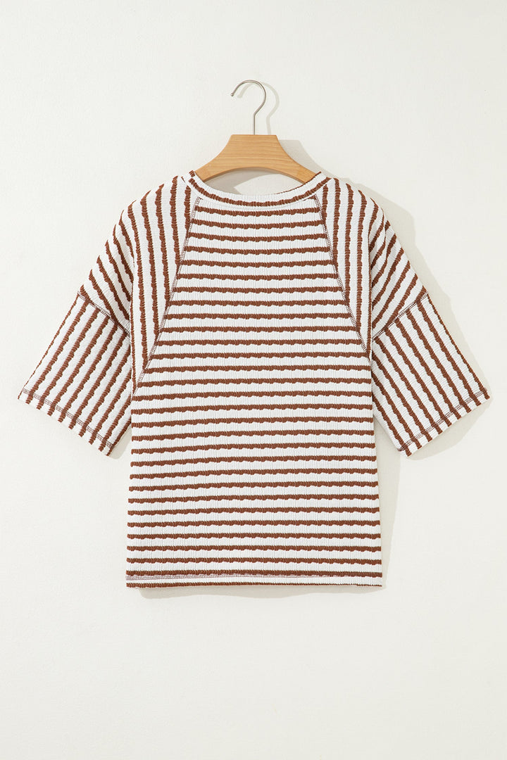 Brown Stripe Textured Knit Split Hem Half Sleeve Loose Top