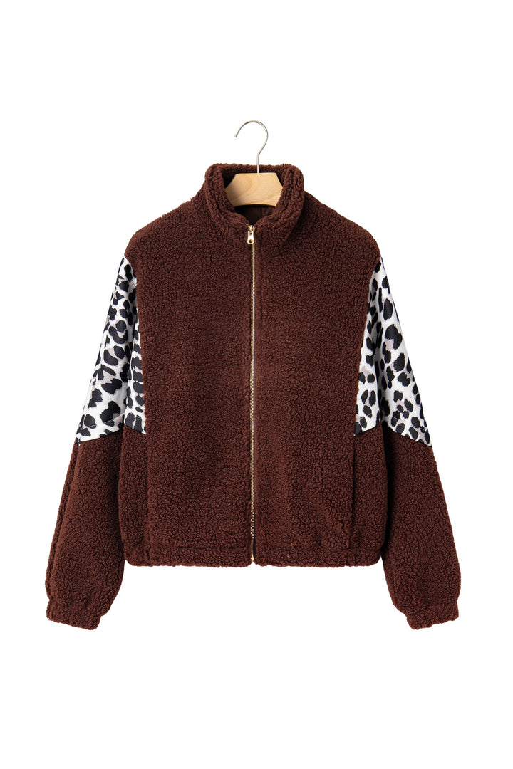 Coffee Leopard Patchwork Fleece Western Style Zip-up Collar Jacket