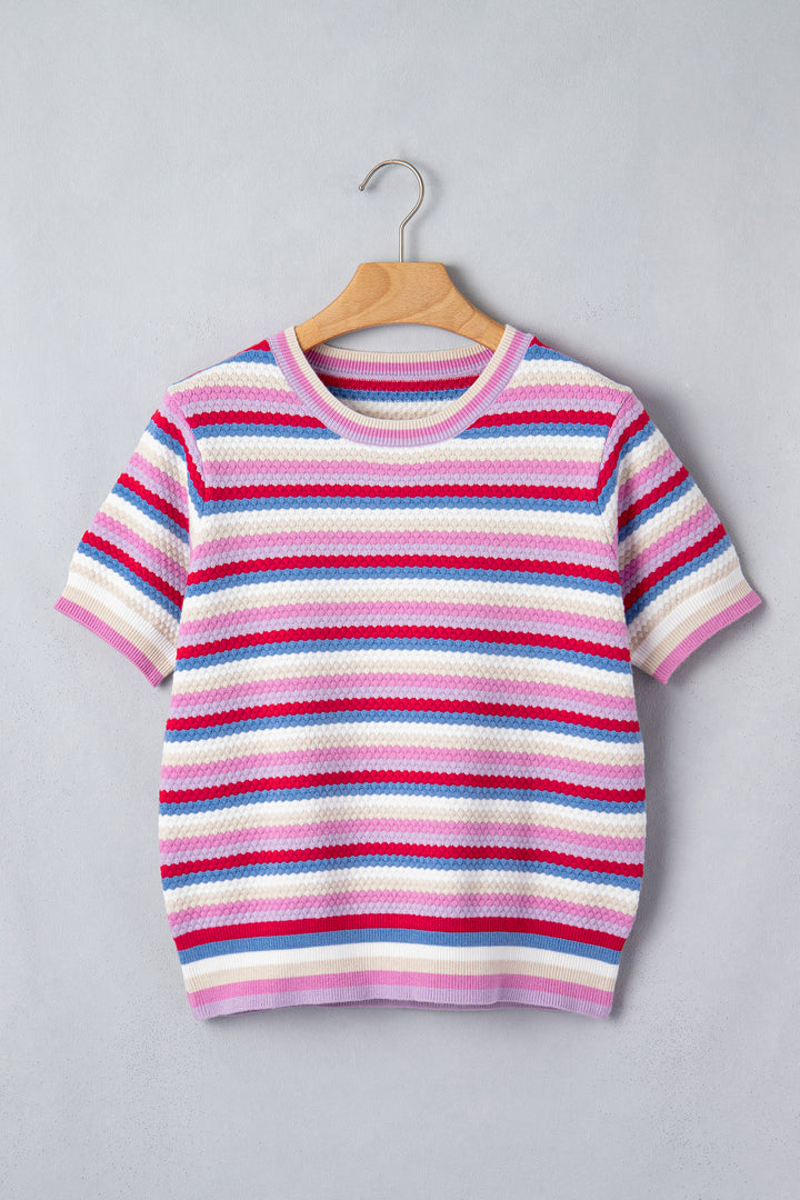 Multicolour Textured Stripes Knit Short Sleeve Sweater