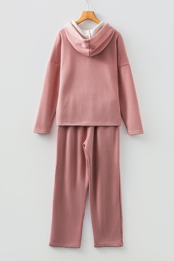 Rose Tan Lace Drawstring Pullover Hoodie and High Waist Pants Corduroy Suit