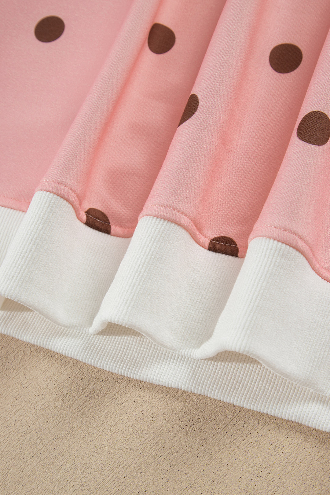 Pink Polka Dot Ribbed Trim Long Sleeve Top Casual Short Set