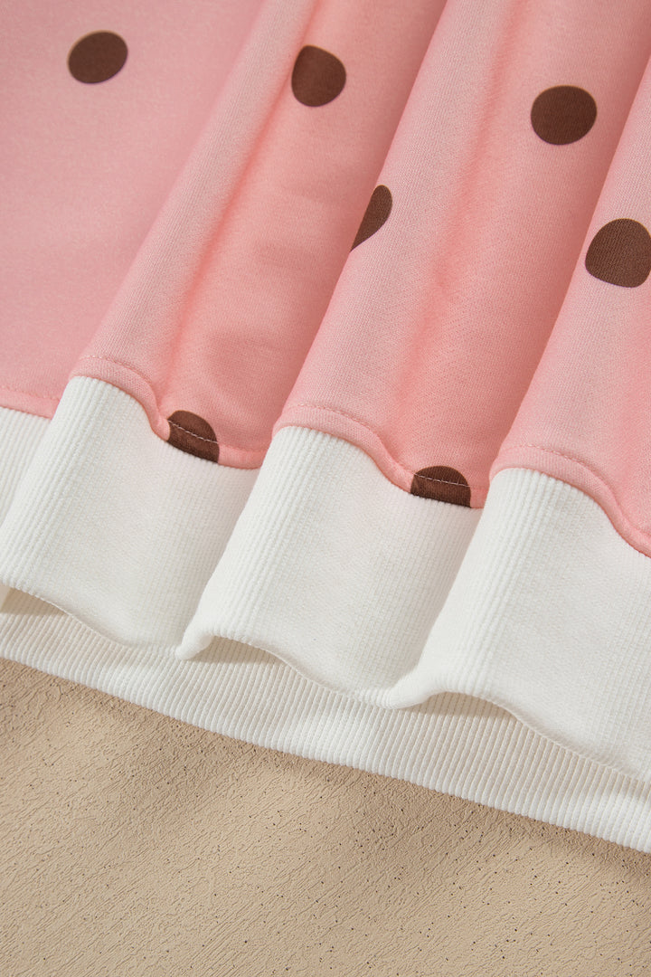 Pink Polka Dot Ribbed Trim Long Sleeve Top Casual Short Set