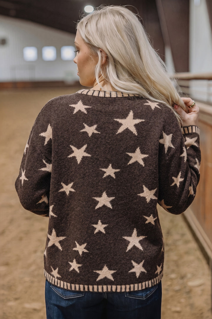 Brown Stars Pattern Colorblock Long Sleeve Shift Wool Cardigan