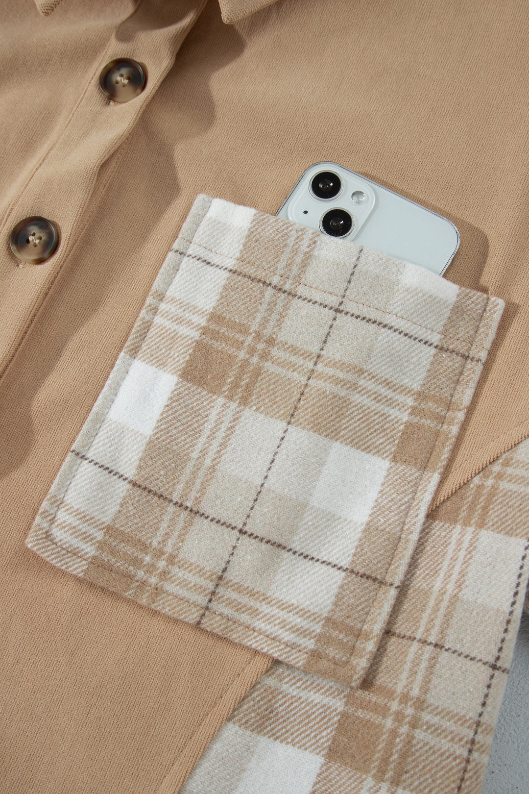 Light French Beige Plaid Colorblock Shirt Collar Shift Shacket