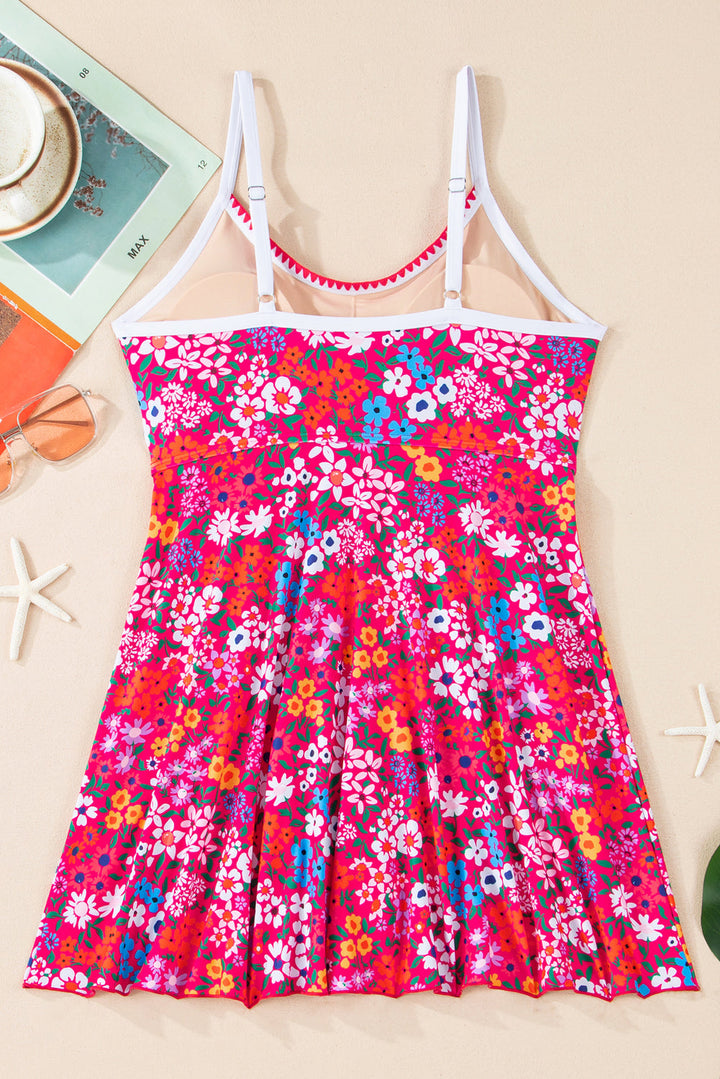 Rose Floral Print Ricrac Trim Spaghetti Strap One Piece Swim Dress