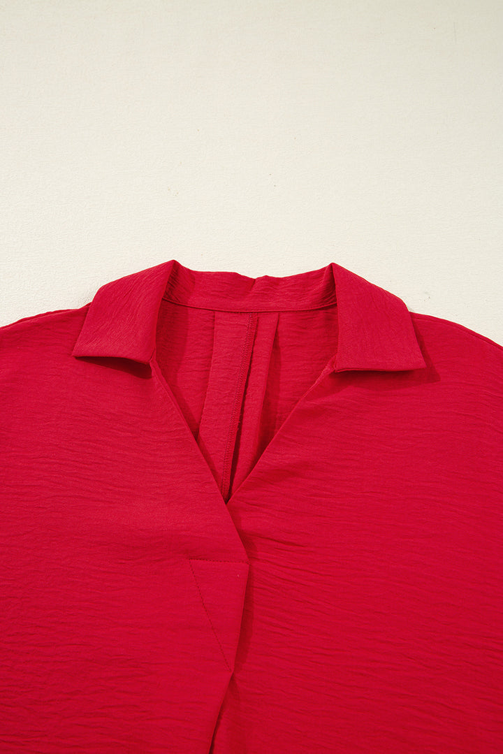 V Neck Collared Shirred 3/4 Sleeve Oversized Tunic Top
