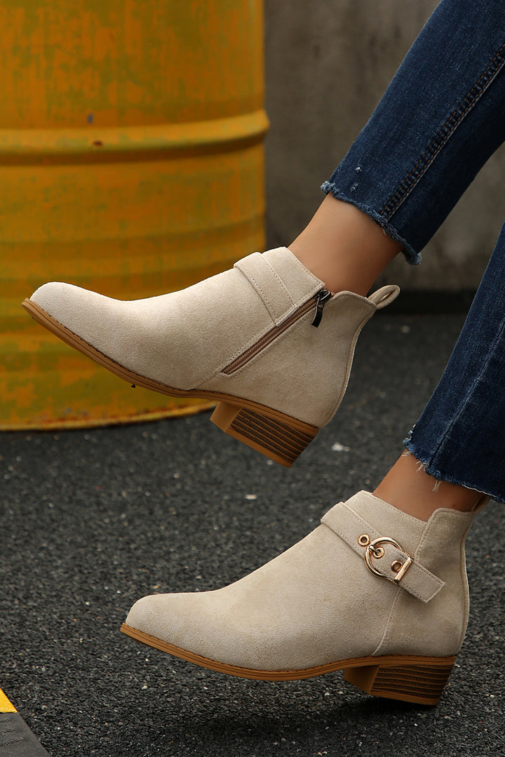 Classic Buckle Strap Chunky Heel Suede Boots