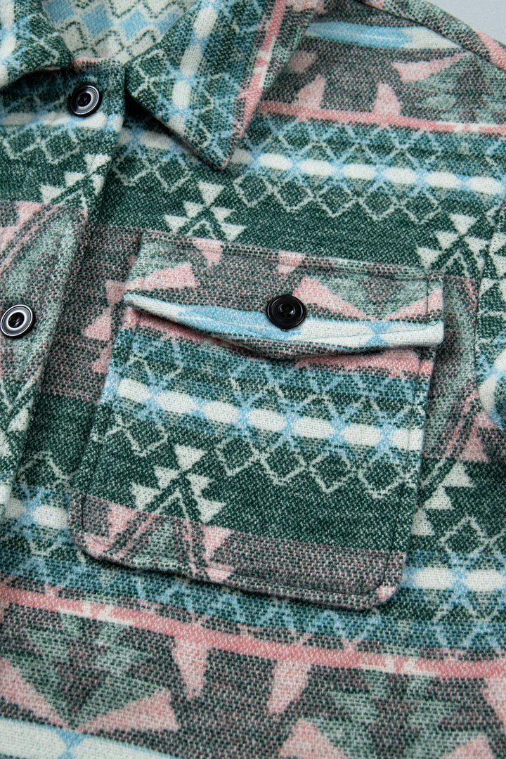 Green Geometric Print Button Front Long Sleeve Shacket