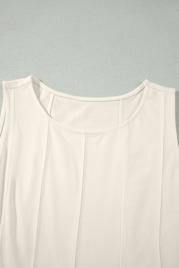 Beige Stitched Detail Loose Tank Top Cotton 2pcs Short Set
