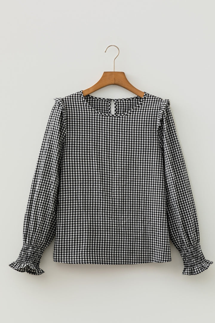 Black Plaid Shirred Cuff Long Sleeve Round Neck Blouse