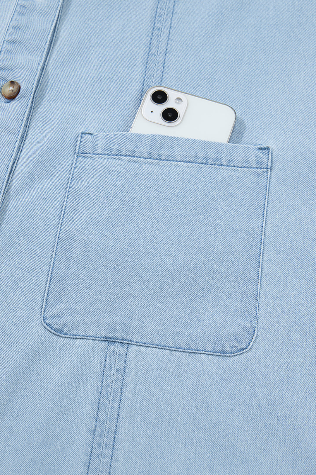 Chic Beau Blue Ruffled Edge Collared Shift Denim Dress with Pockets