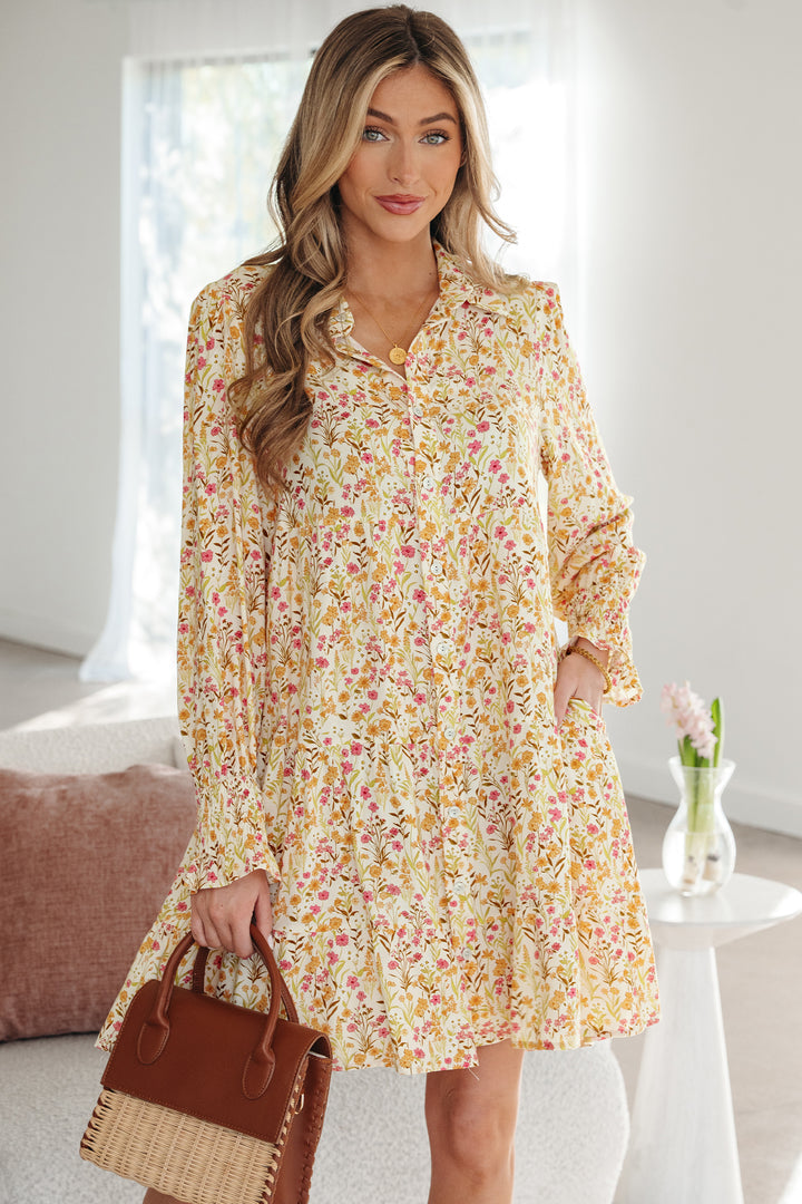 Floral Print Frilly Trim Smocked Cuff Long Sleeve Loose Shirt Dress