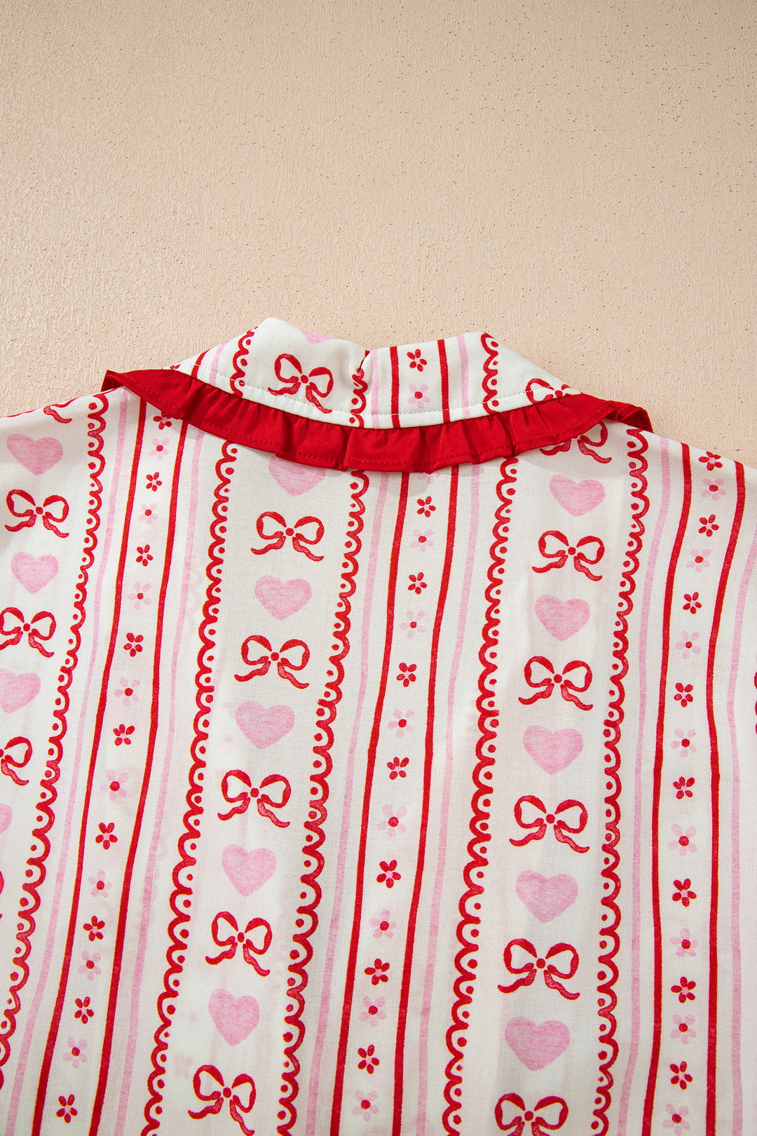 Red Sweet Floral Heart Bow Print Contrast Trim Long Sleeve Shirt Pajama Short Set