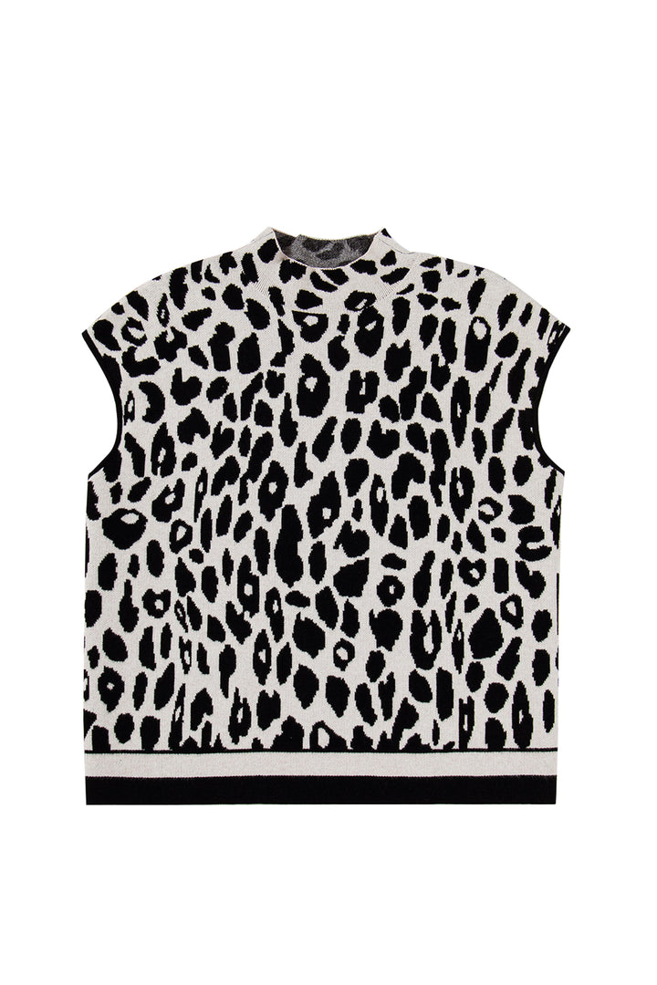 Black Plus Size Leopard Print High Neck Short Sleeve Sweater