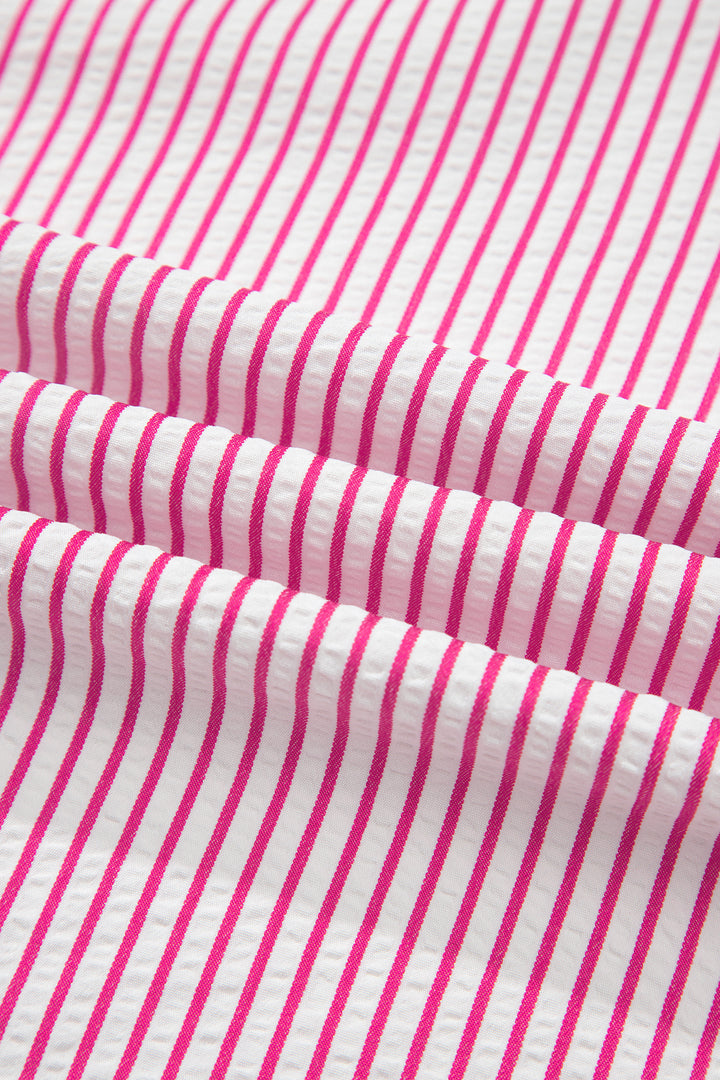 Red Stripe Frilled Detail Half Buttons Short Sleeve Long Dress