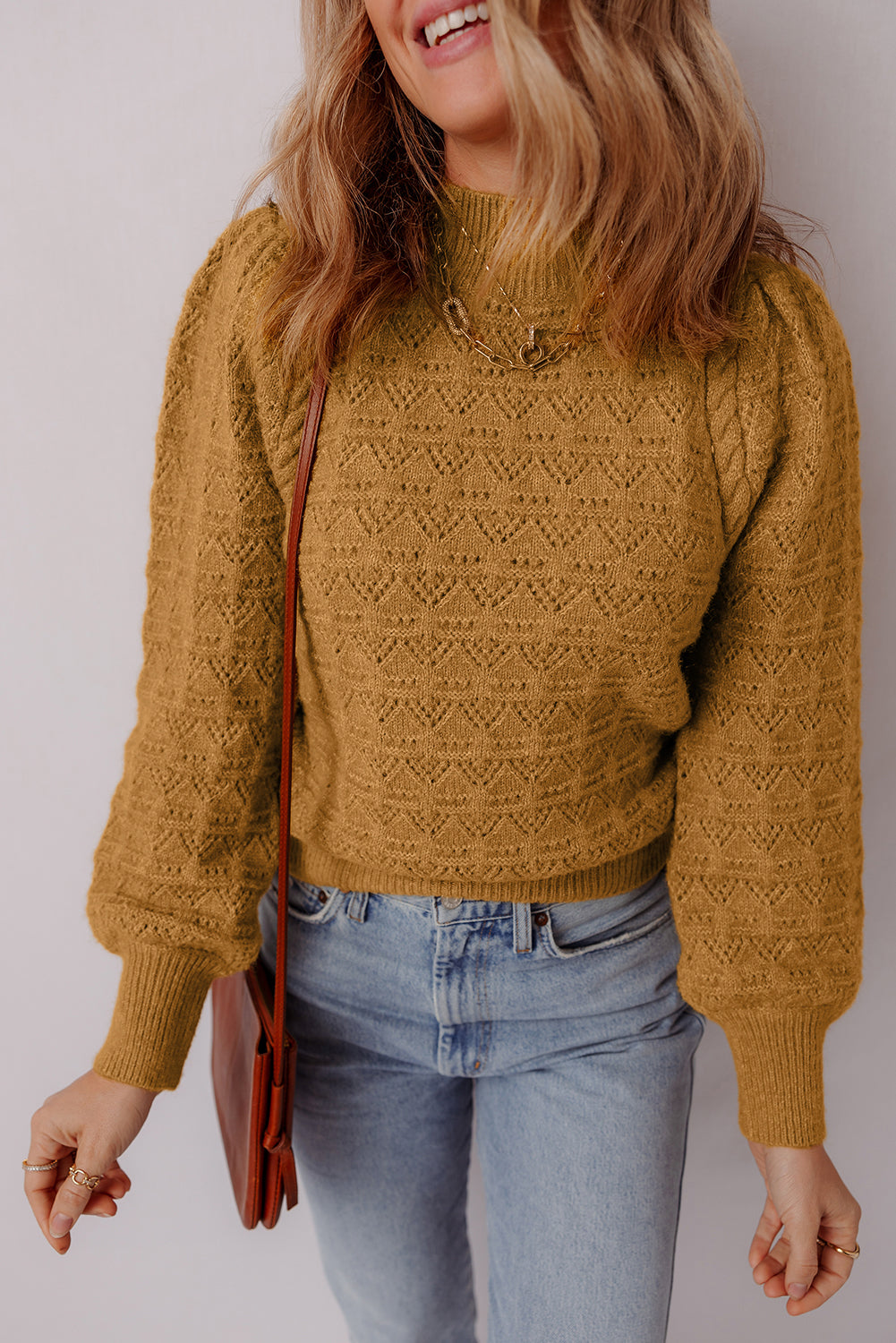 Hollow Out Crochet Ribbed Edge Balloon Sleeve Sweater
