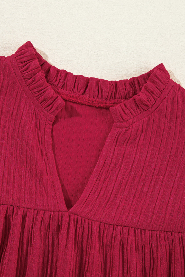 Textured Ruffled Trim V Neck Loose Fit Mini Dress