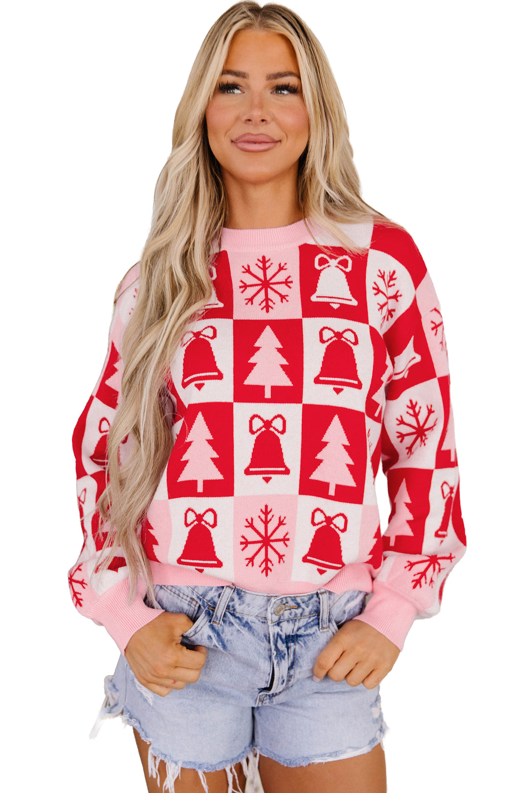 Pink Christmas Plaid Pullover Round Neck Long Sleeve Casual Fit Tunic Knitwear Sweater