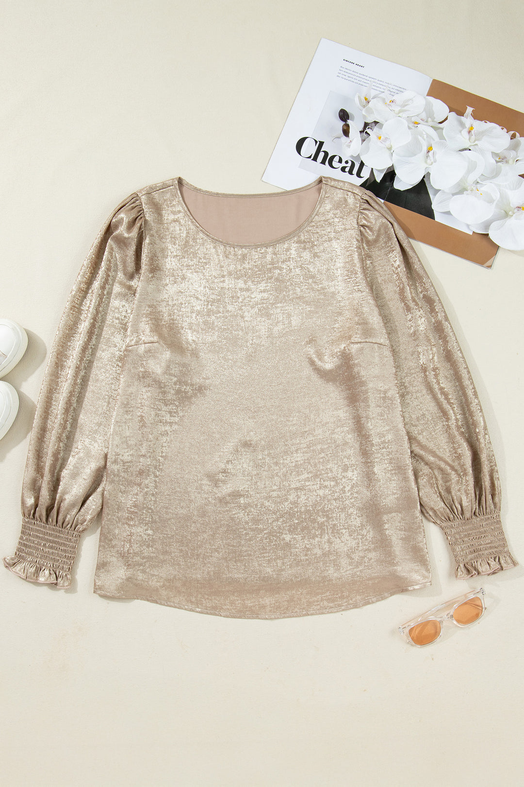 Apricot Plus Size Metallic Long Flounce Sleeve Blouse