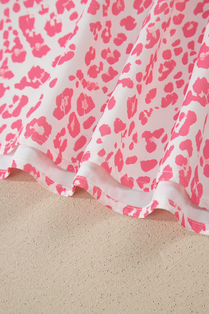 Pink Stripe Ruffled Trim V Neck Leopard Print Short Sleeve Blouse