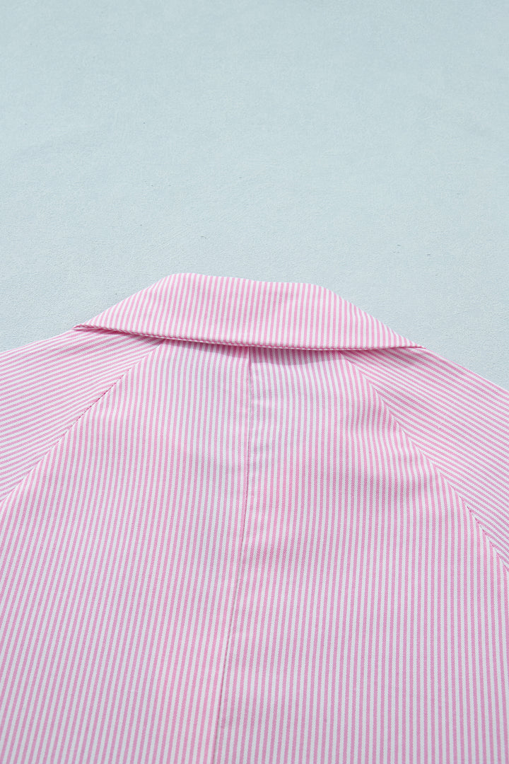 Pink Striped Print Collared Split Neck Half Sleeve Blouse