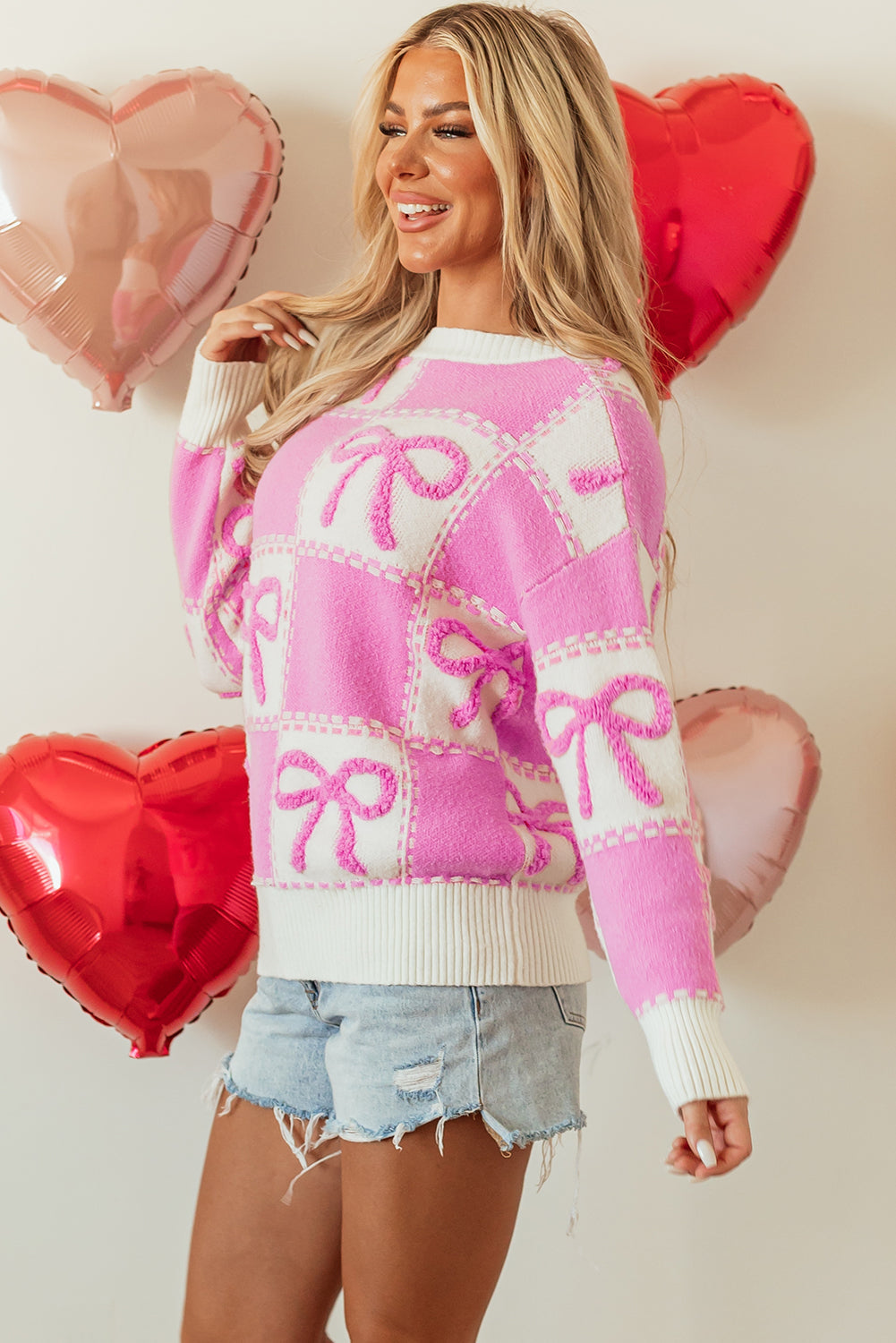 Bow Knot Two Tone Checkered Crew Neck Sweater